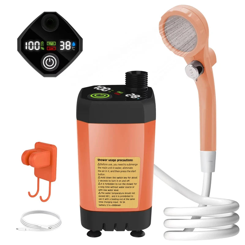 Smart Camping Shower Pump with Digital Display & 6000mAh Battery