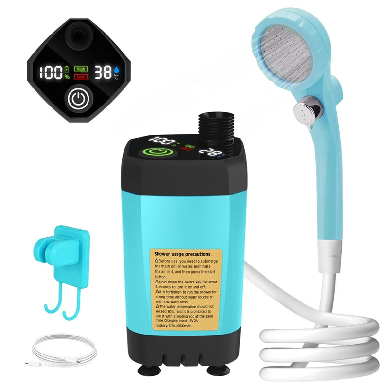 Smart Camping Shower Pump with Digital Display & 6000mAh Battery