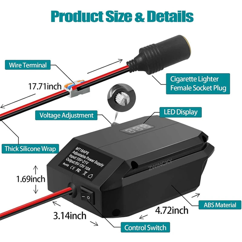 18V to 12V Battery Step-Down Converter Adapter with Car Socket