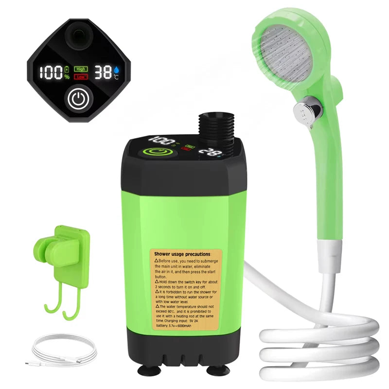Smart Camping Shower Pump with Digital Display & 6000mAh Battery