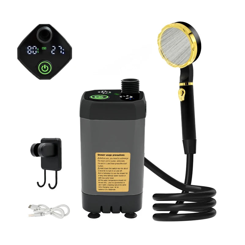 Smart Camping Shower Pump with Digital Display & 6000mAh Battery